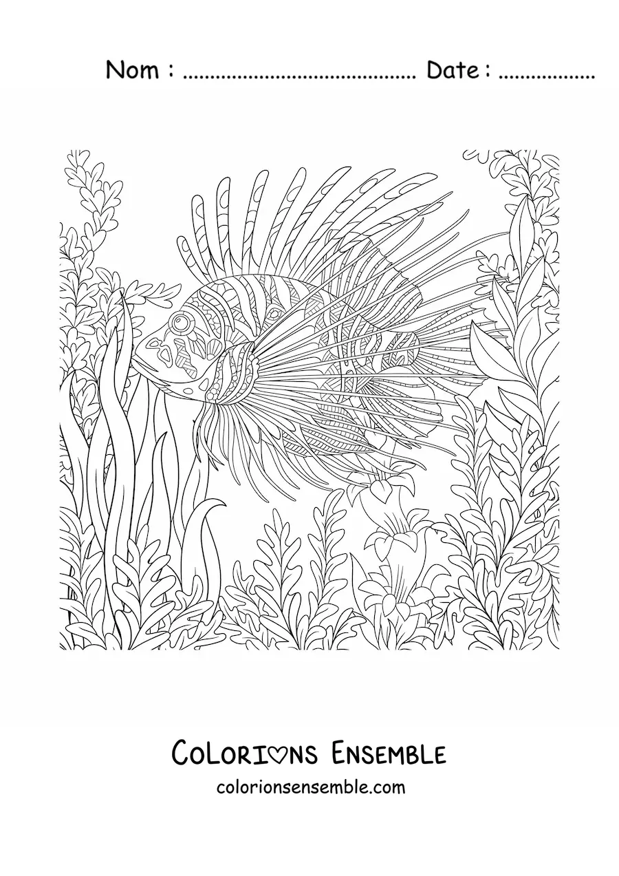Image à colorier d'un poisson-lion au fond de la mer nageant parmi les algues