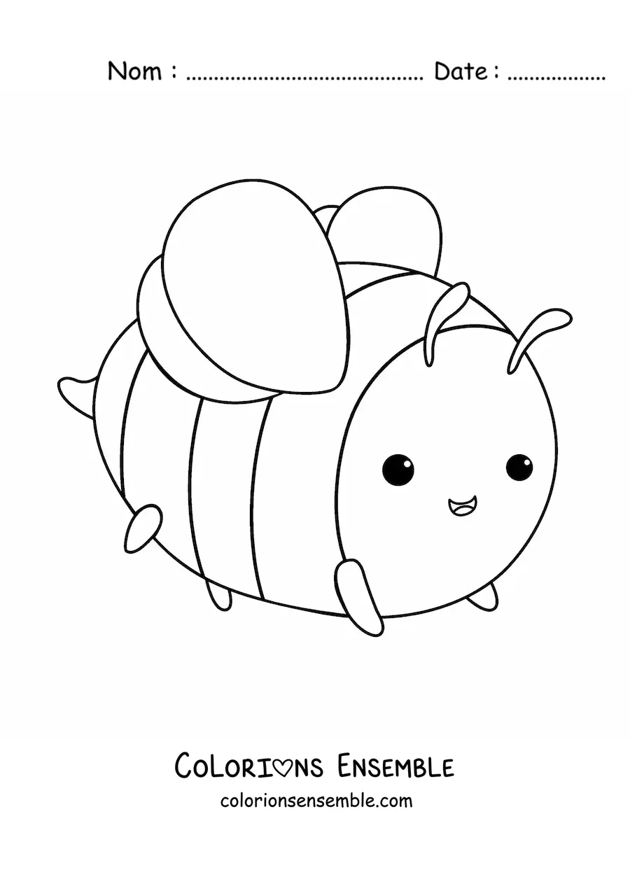 Image à colorier d'une abeille kawaii toute ronde aux petites pattes, souriante