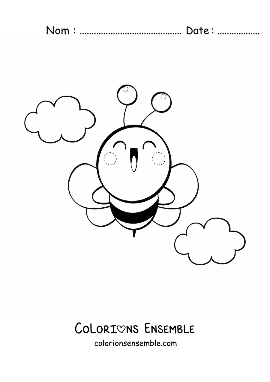Image à colorier d'une grande abeille kawaii heureuse volant dans le ciel avec des nuages en fond