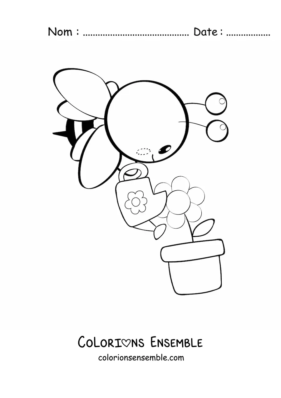 Image à colorier d'une abeille kawaii arrosant une fleur en pot avec un arrosoir