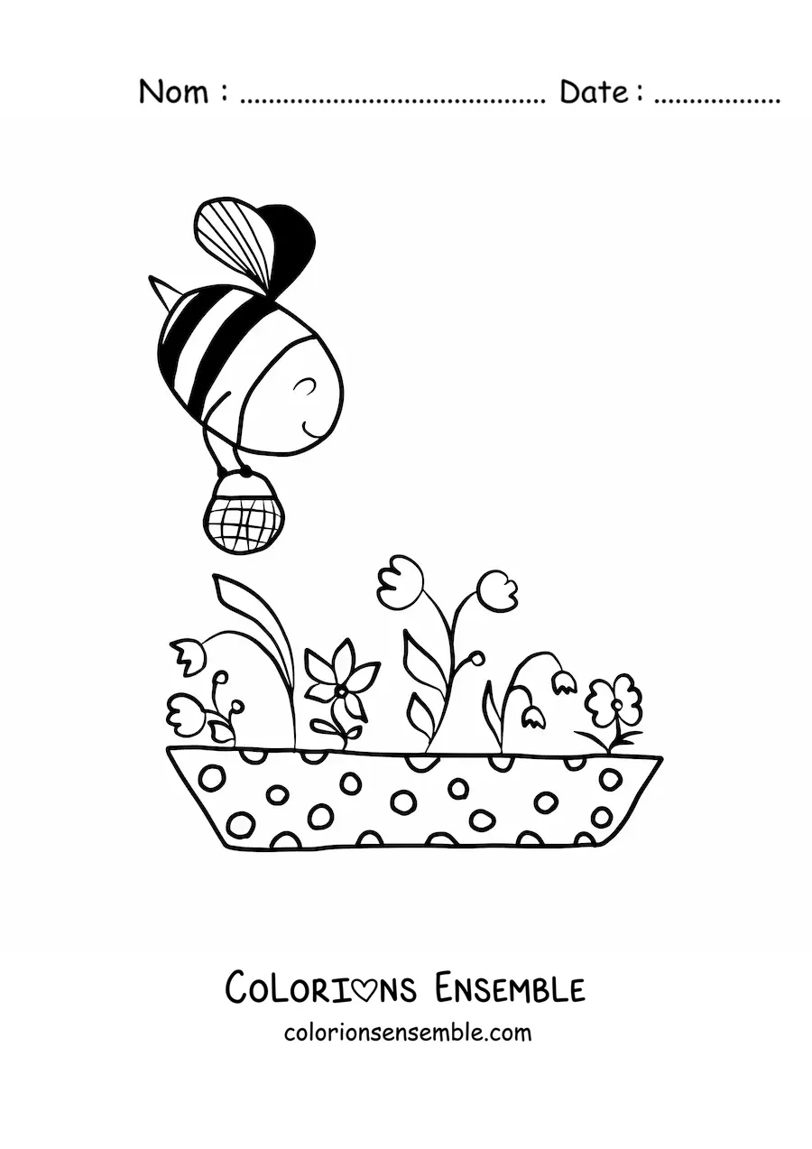 Image à colorier d'une abeille kawaii volant au-dessus de plusieurs fleurs en portant un panier