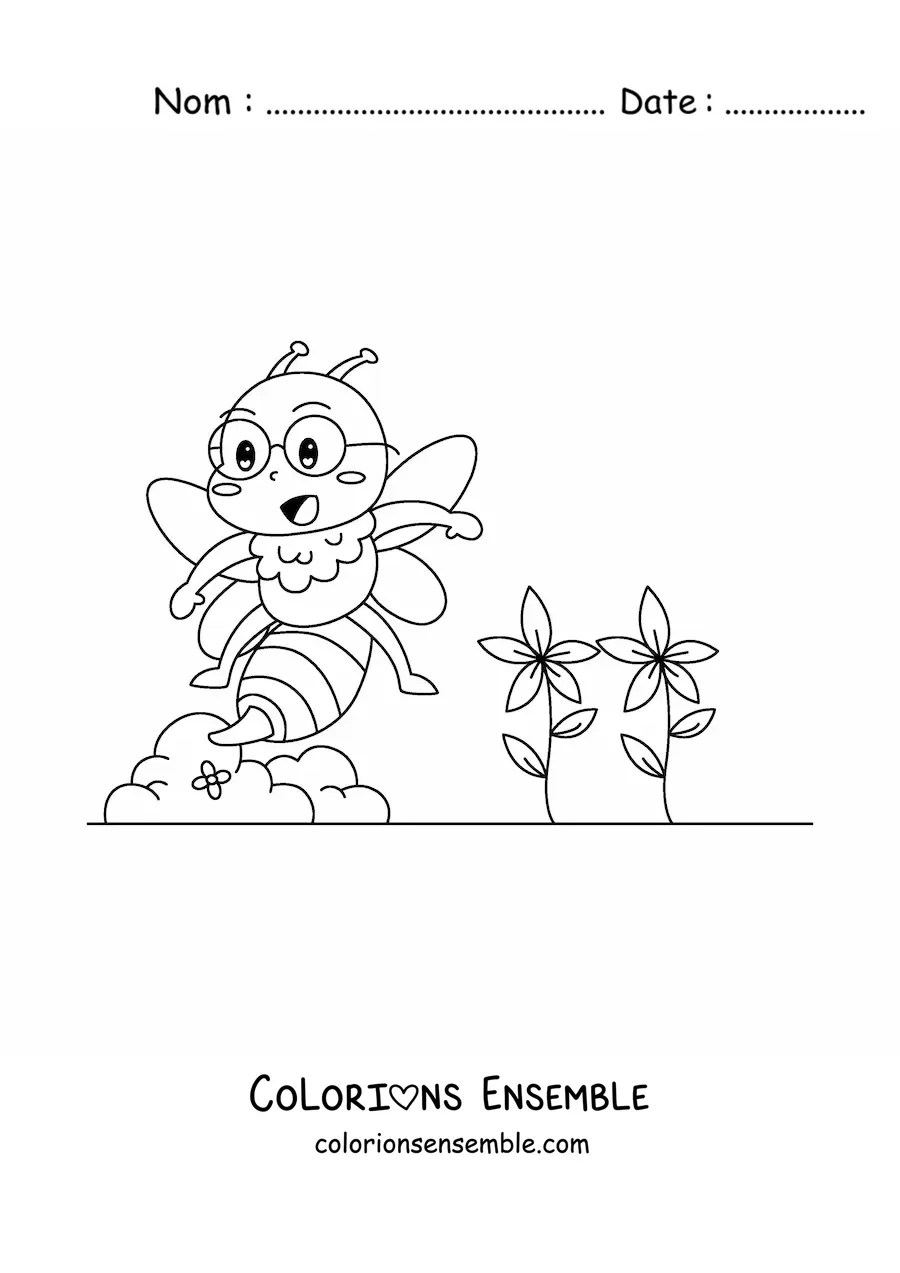 Image à colorier d'une abeille kawaii de dessin animé avec des lunettes près de quelques fleurs