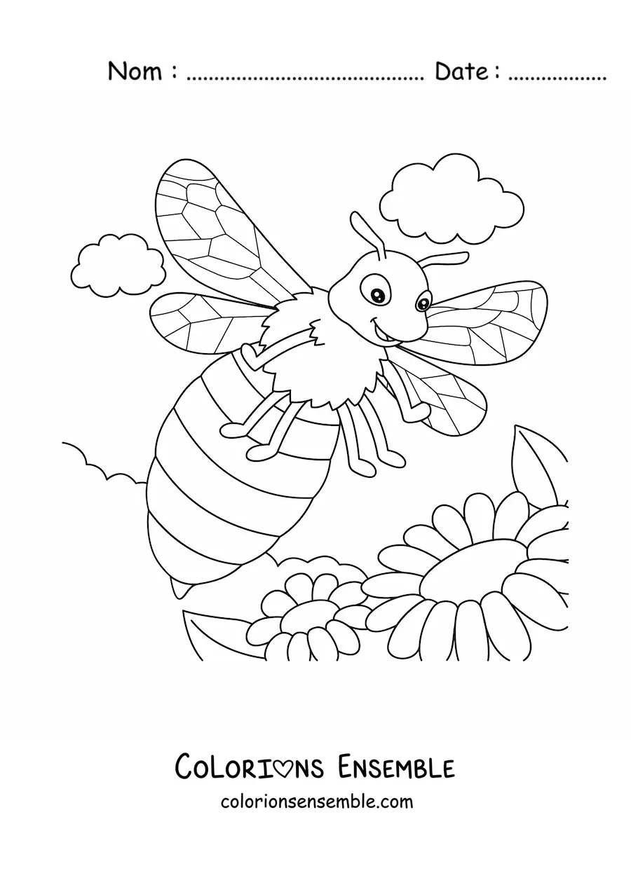 Image à colorier d'une grande abeille animée qui vole parmi les fleurs