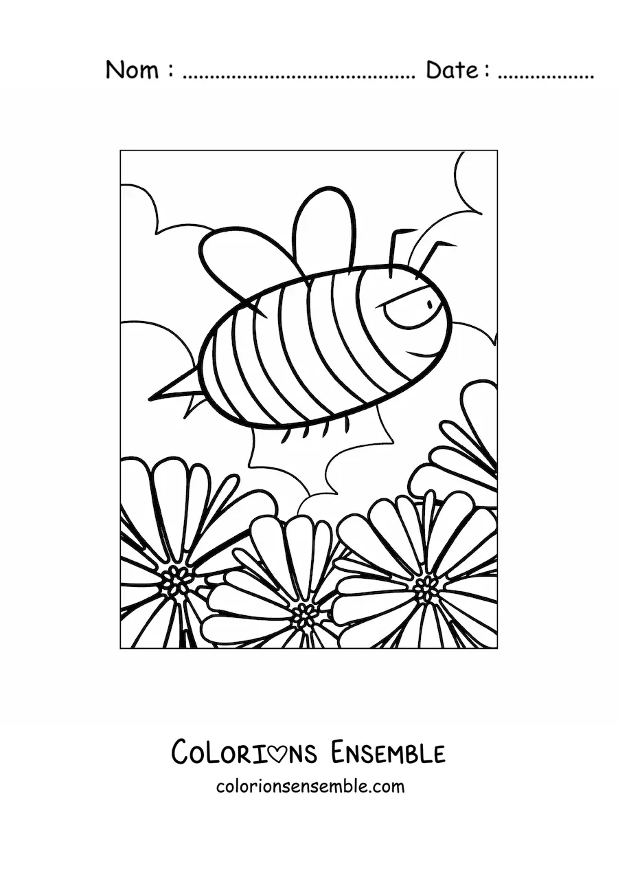 Image à colorier d'une abeille de dessin animé filant à toute vitesse au-dessus des fleurs