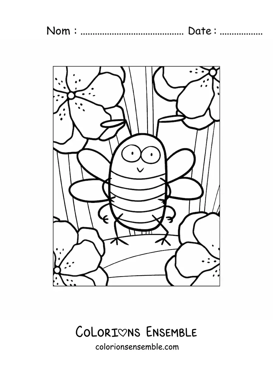 Image à colorier d'une abeille de dessin animé debout sur deux pattes parmi les fleurs