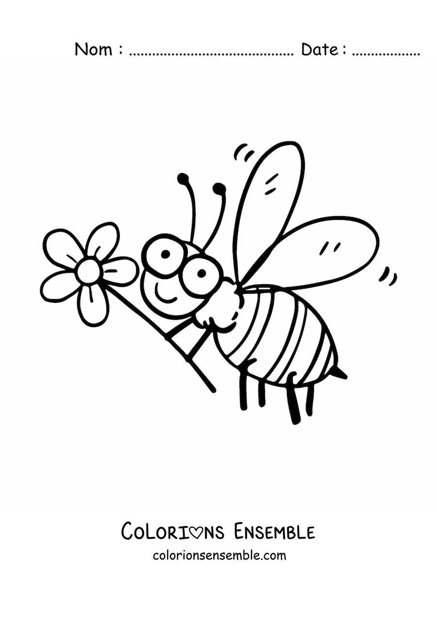 Image à colorier d'une abeille animée toute joyeuse qui vole en tenant une fleur
