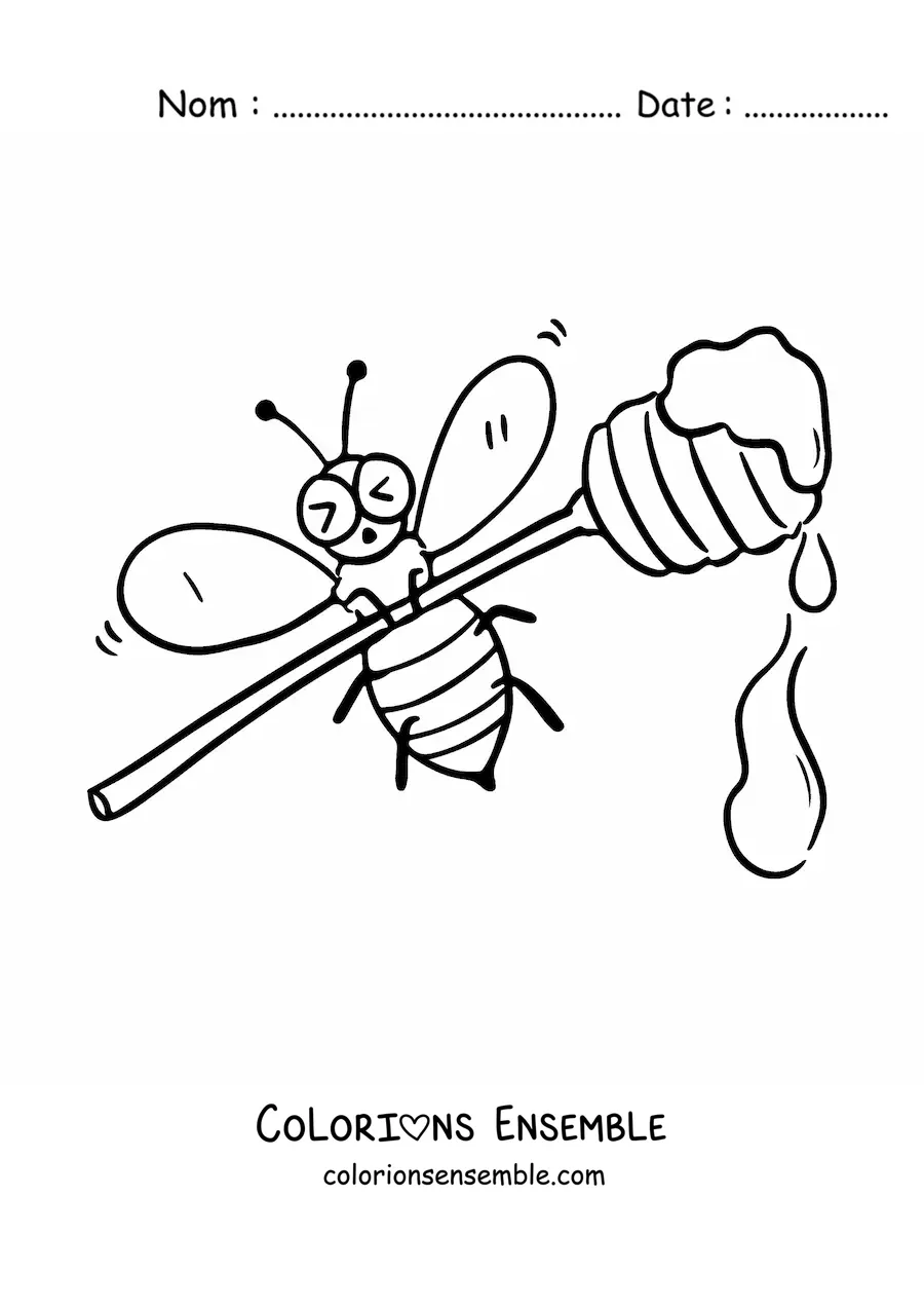 Image à colorier d'une abeille animée qui soulève une grande cuillère de miel