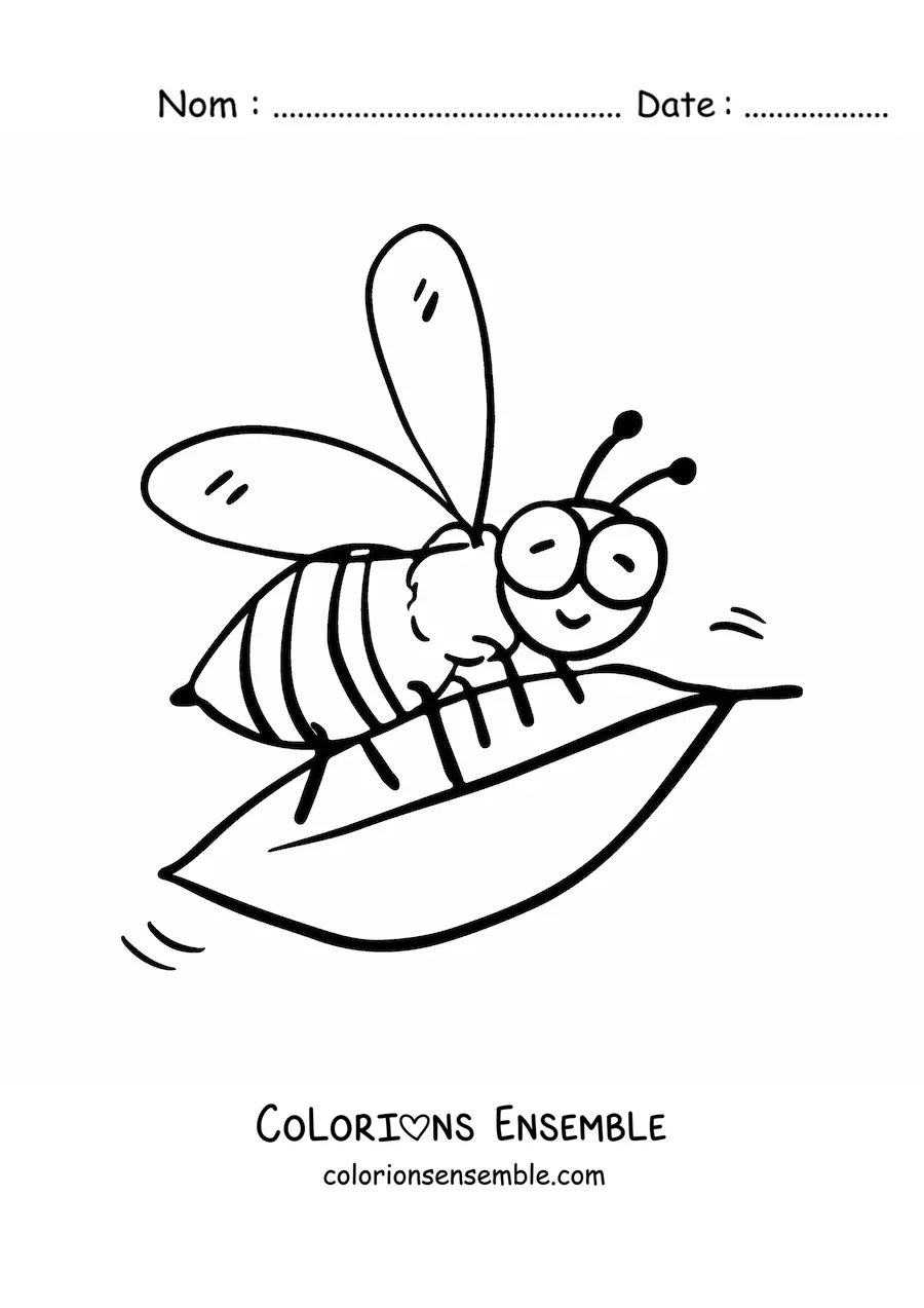Image à colorier d'une abeille animée qui tient une feuille