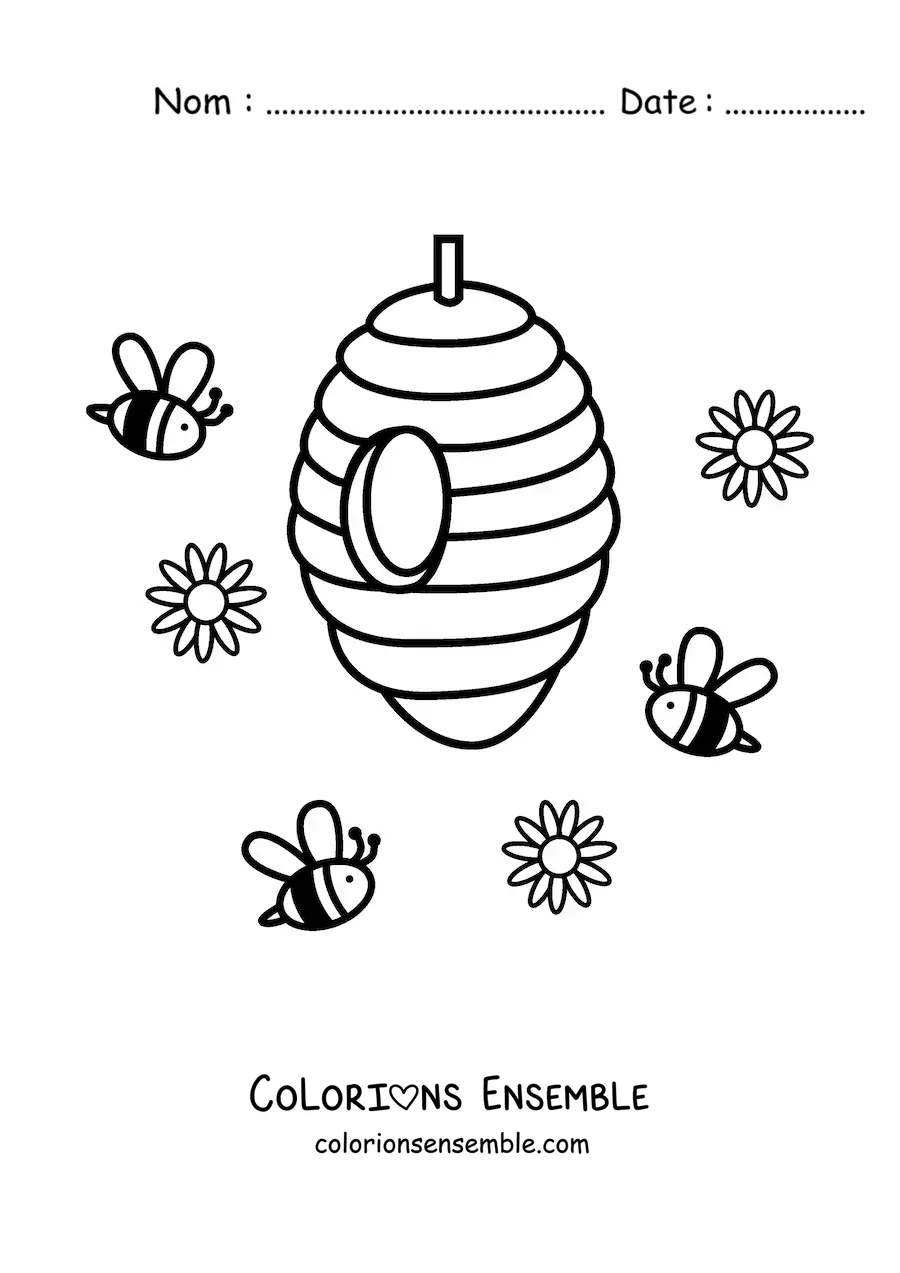 Image à colorier de plusieurs abeilles animées qui volent vers un rayon de miel, avec des fleurs dans les airs