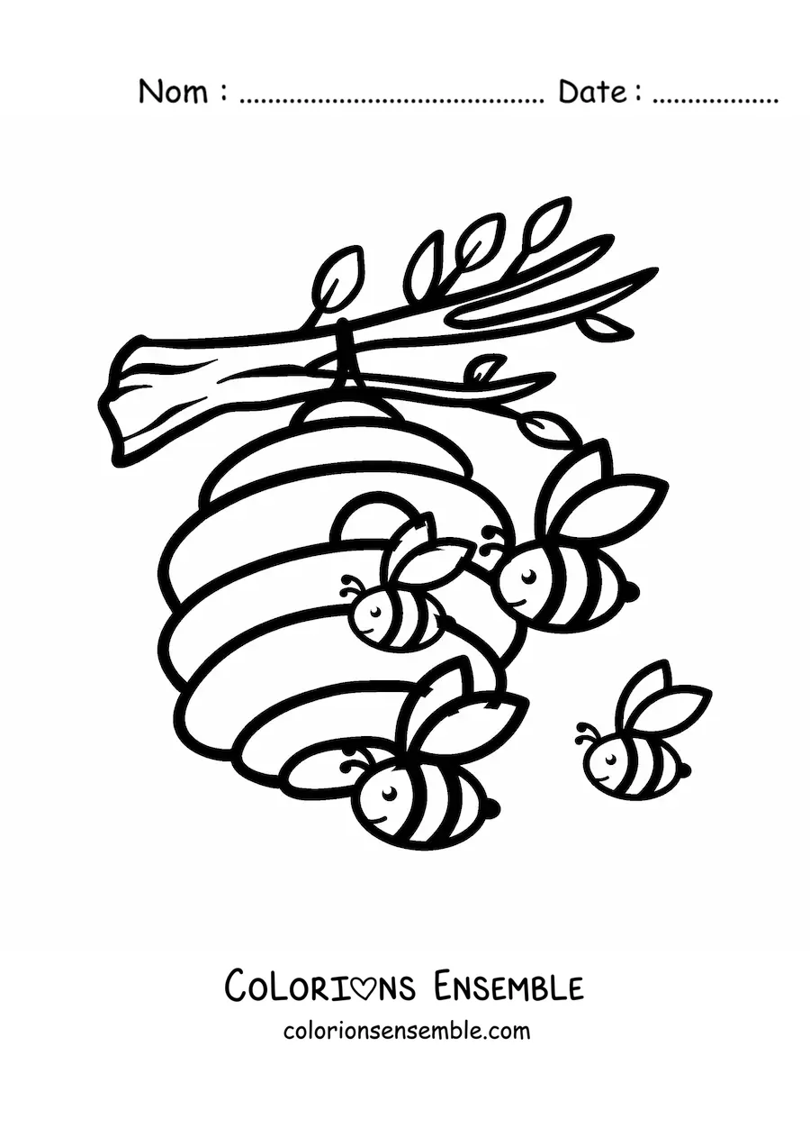 Image à colorier d'une ruche d'abeilles animées près d'un rayon de miel posé sur une branche