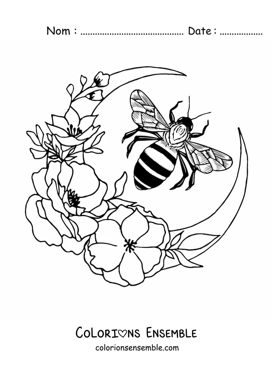 Image à colorier d'une abeille qui vole près d'un croissant de lune décoré de fleurs