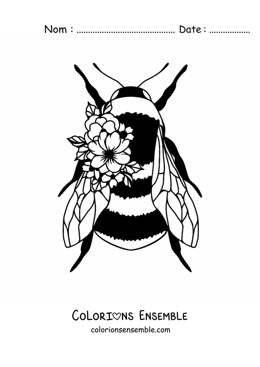 Image à colorier d'une grande abeille ornée de fleurs