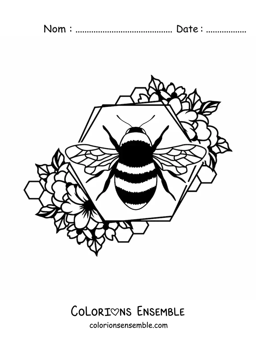 Image à colorier d'une petite abeille posée sur l'alvéole d'un rayon de miel, décorée de fleurs