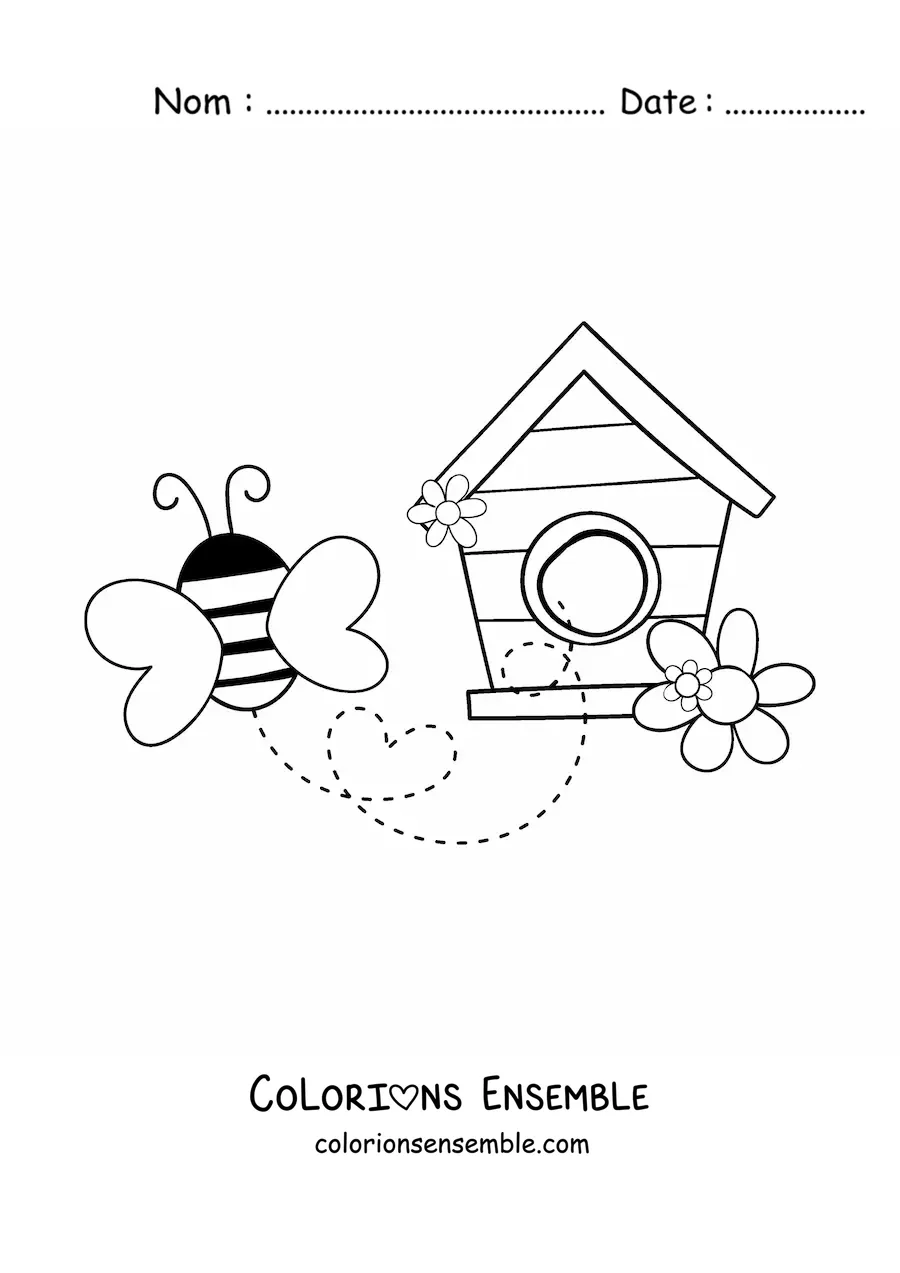 Image à colorier d'une abeille qui s'envole d'une maison en bois