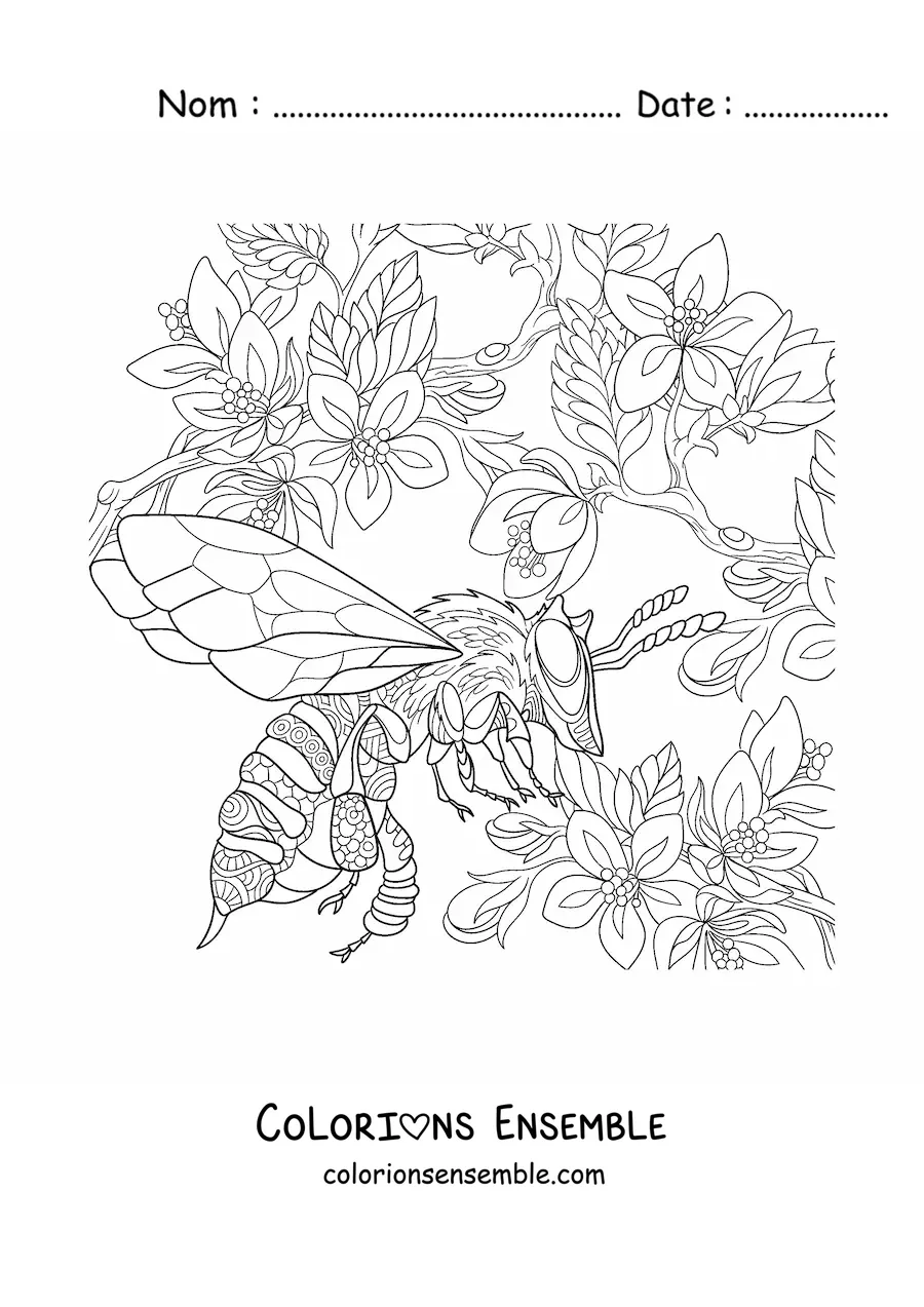 Image à colorier d'une abeille réaliste qui vole près des fleurs