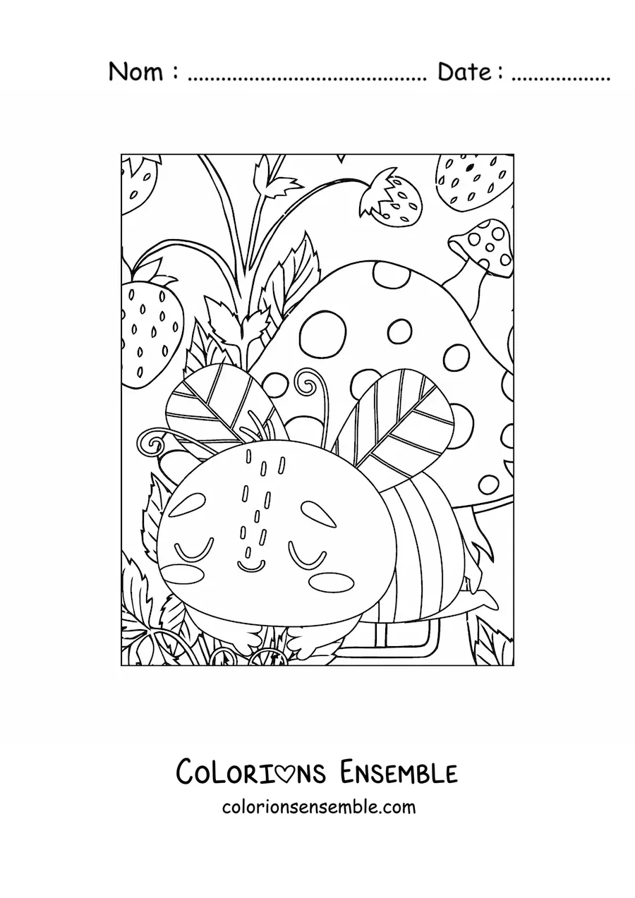 Image à colorier d'une adorable abeille qui dort parmi des champignons et des fraises