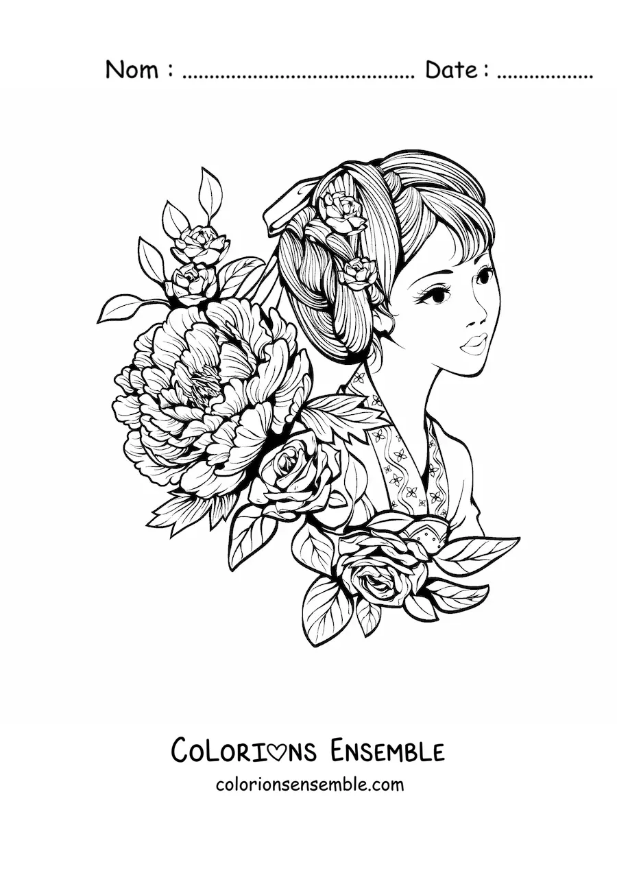 Image à colorier d'une femme asiatique entourée de fleurs