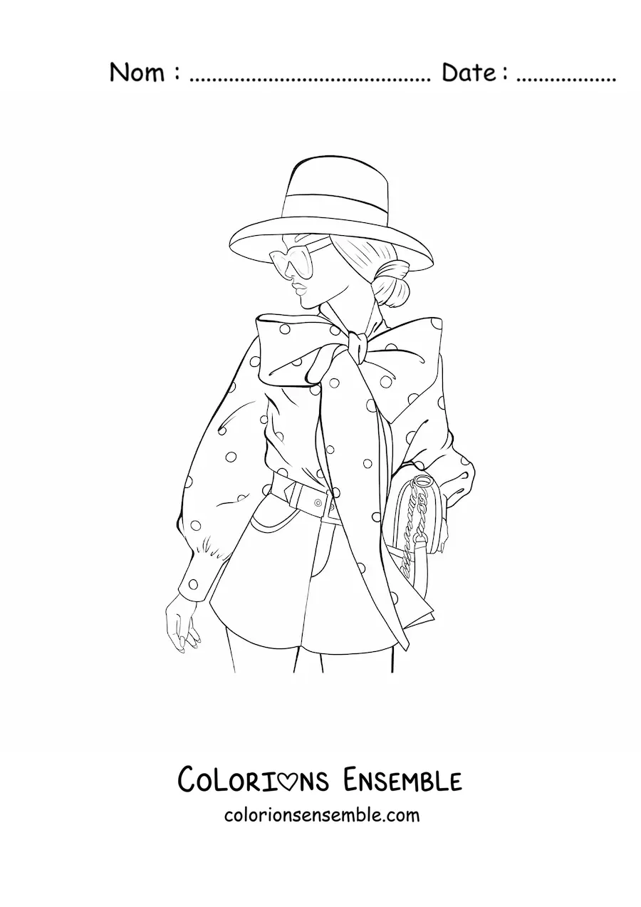 Image à colorier d'une femme portant des lunettes de soleil et un chapeau élégant