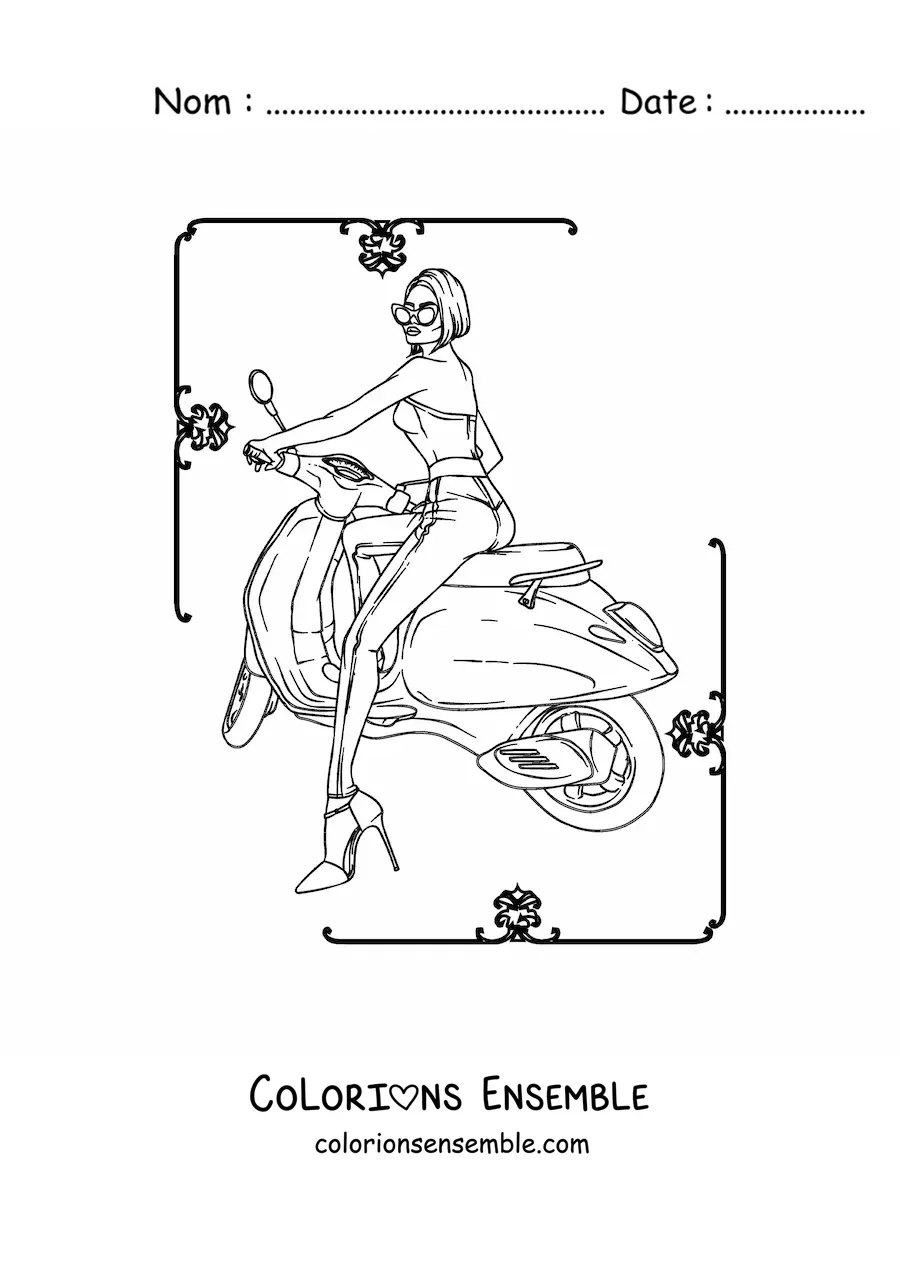 Image à colorier d'une femme en pantalon qui conduit une moto