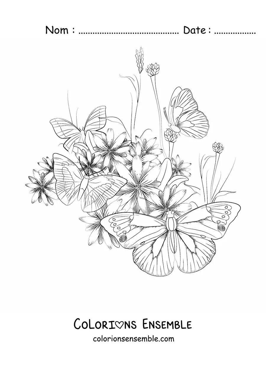 Image à colorier de plusieurs papillons posés sur des fleurs