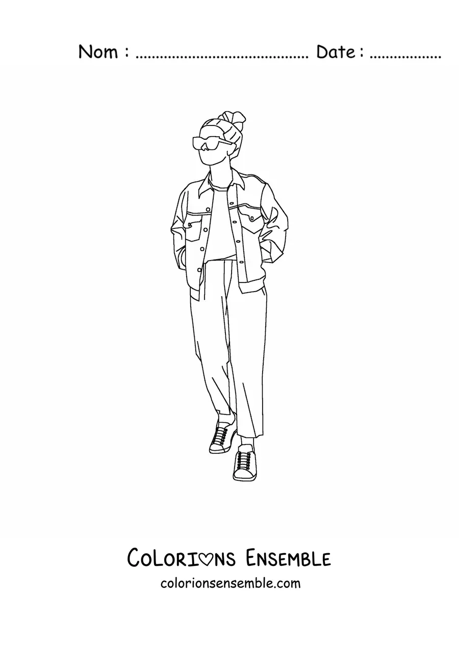 Image à colorier d'une fille en tenue moderne dessinée en pied