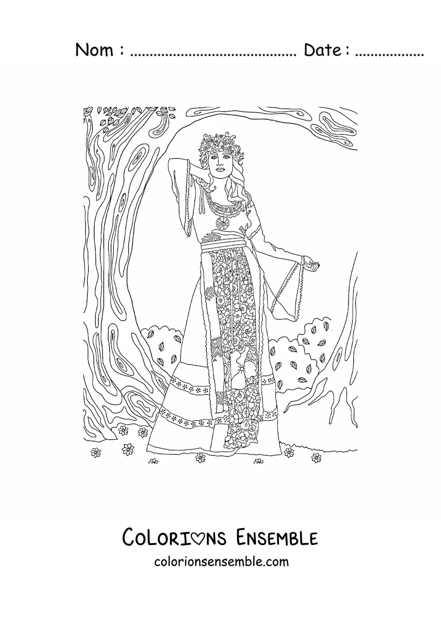 Image à colorier d'une fille vintage entourée de plantes et de lianes