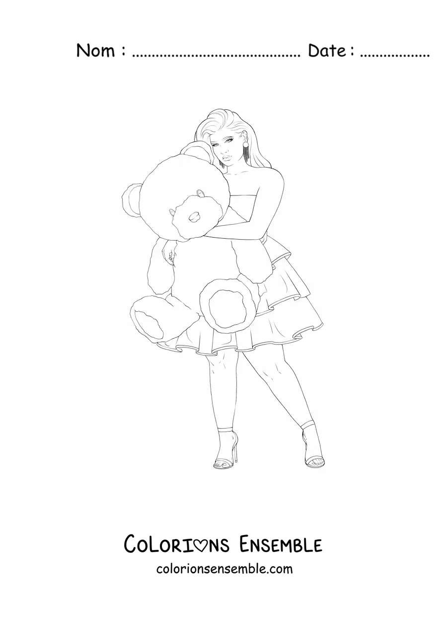 Image à colorier d'une fille en robe courte décontractée qui tient un ours en peluche