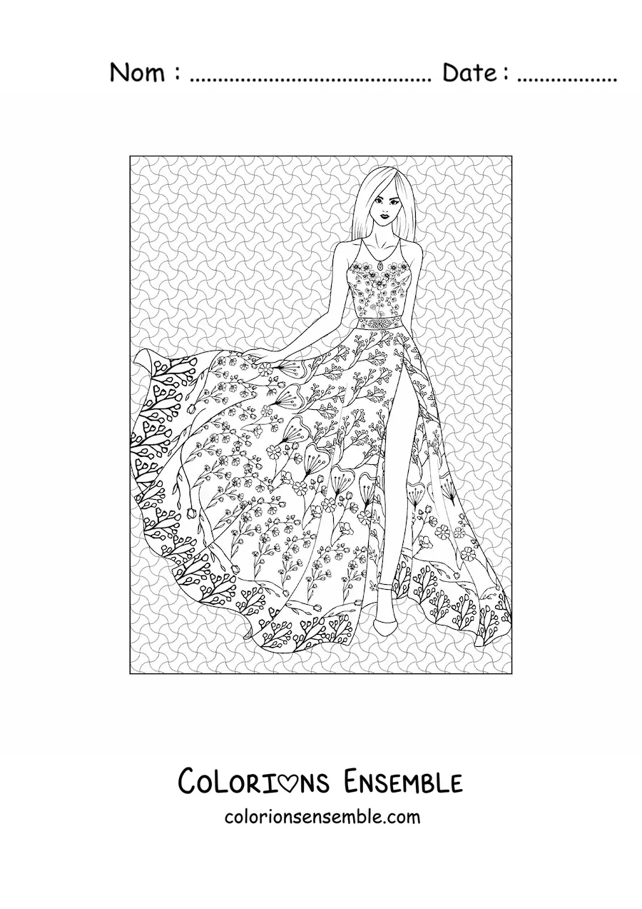 Image à colorier d'une femme dans une longue robe à motifs floraux