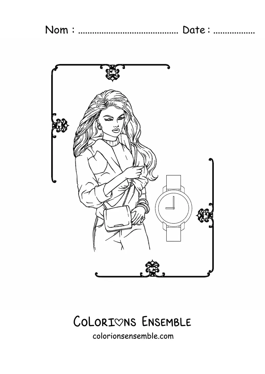 Image à colorier d'une femme portant une veste et une montre