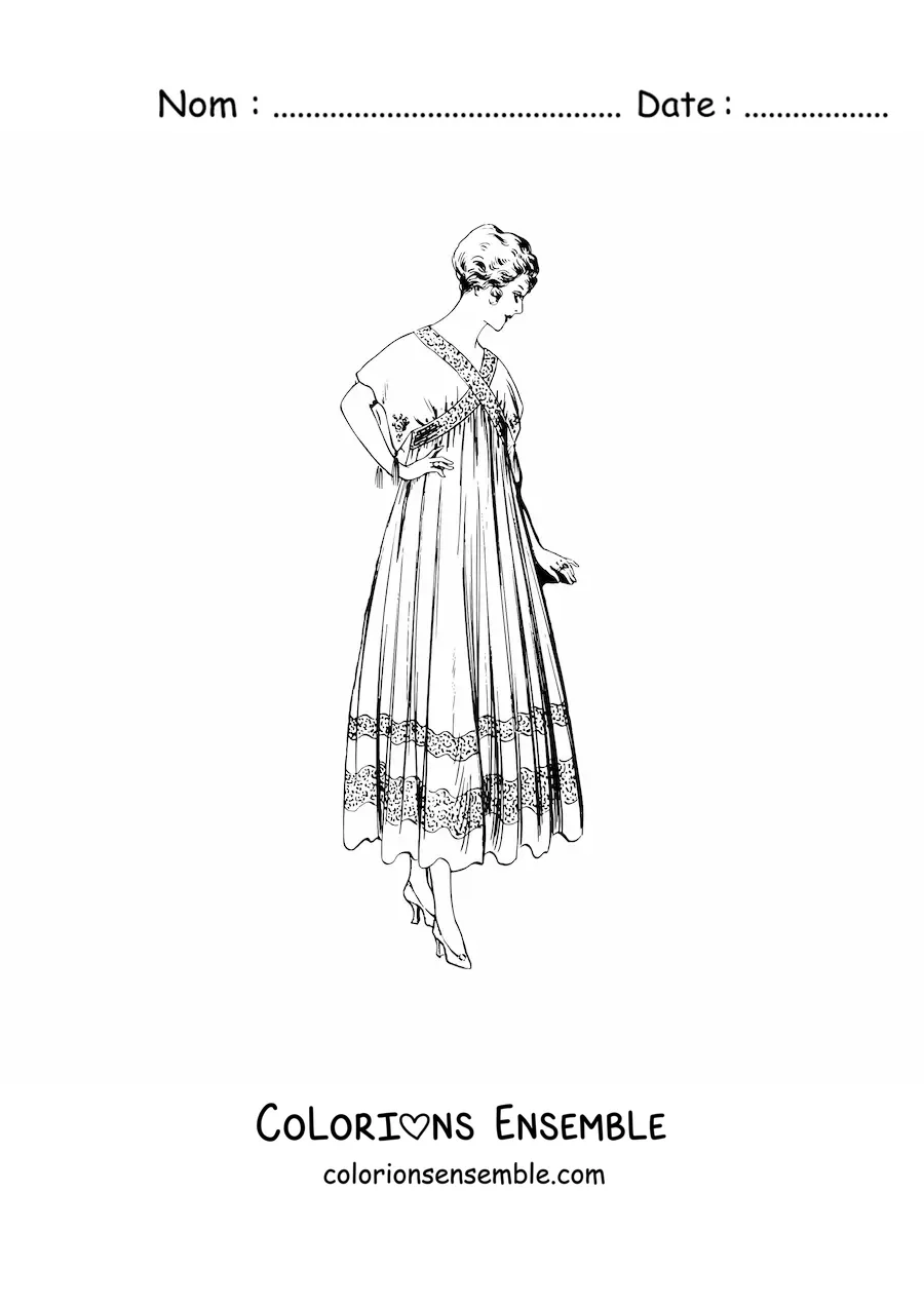 Image à colorier d'une femme portant une robe vintage