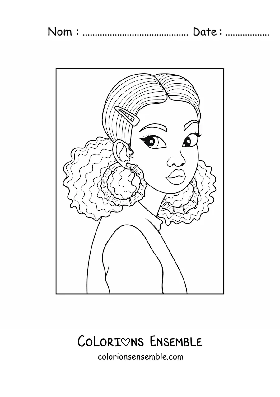 Image à colorier d'une fille afro-américaine avec de grandes boucles d'oreilles et les cheveux bouclés