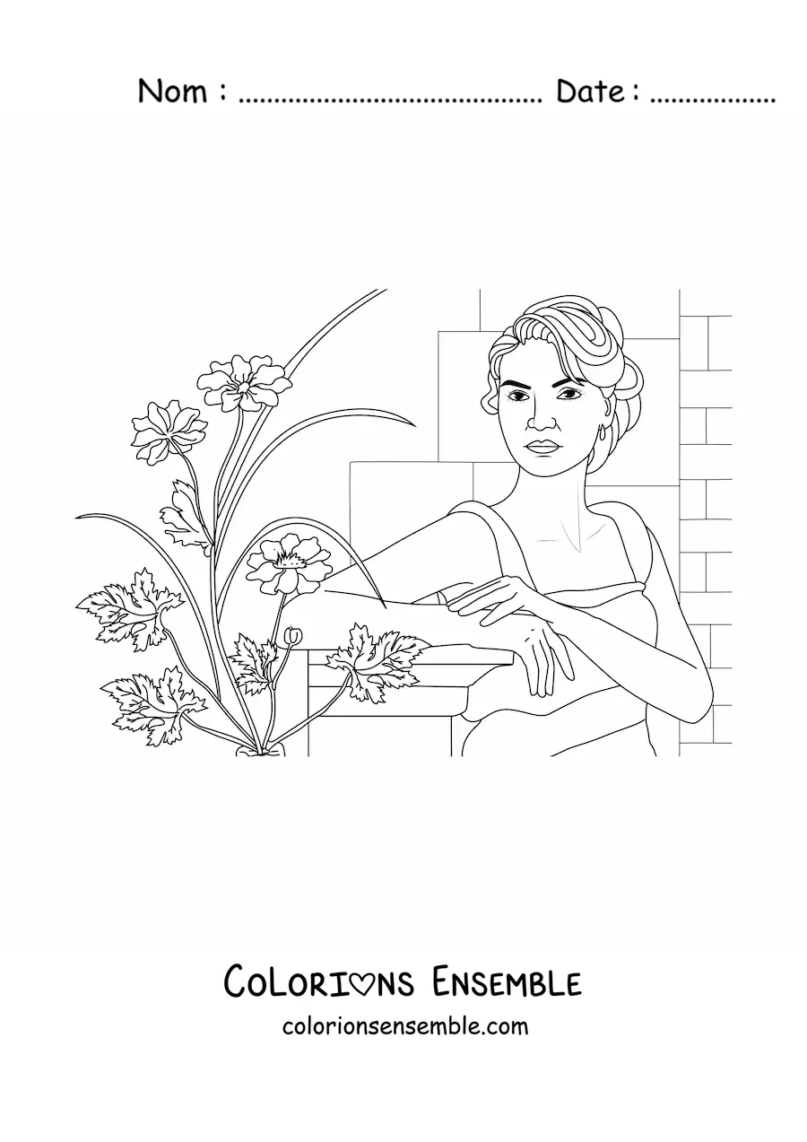 Image à colorier d'une femme réaliste à côté de plusieurs fleurs plantées