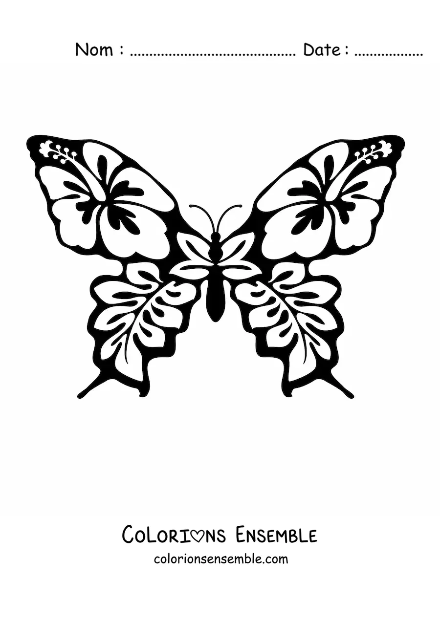 Image à colorier d'un papillon aux ailes ornées de fleurs