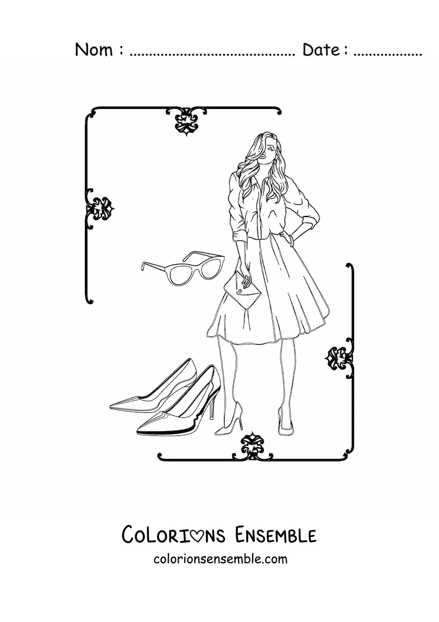 Image à colorier d'une femme portant une robe et des talons