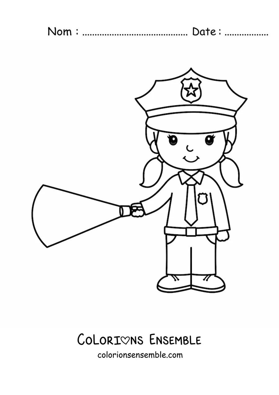 Image à colorier d'une femme policière kawaii avec une lampe de poche