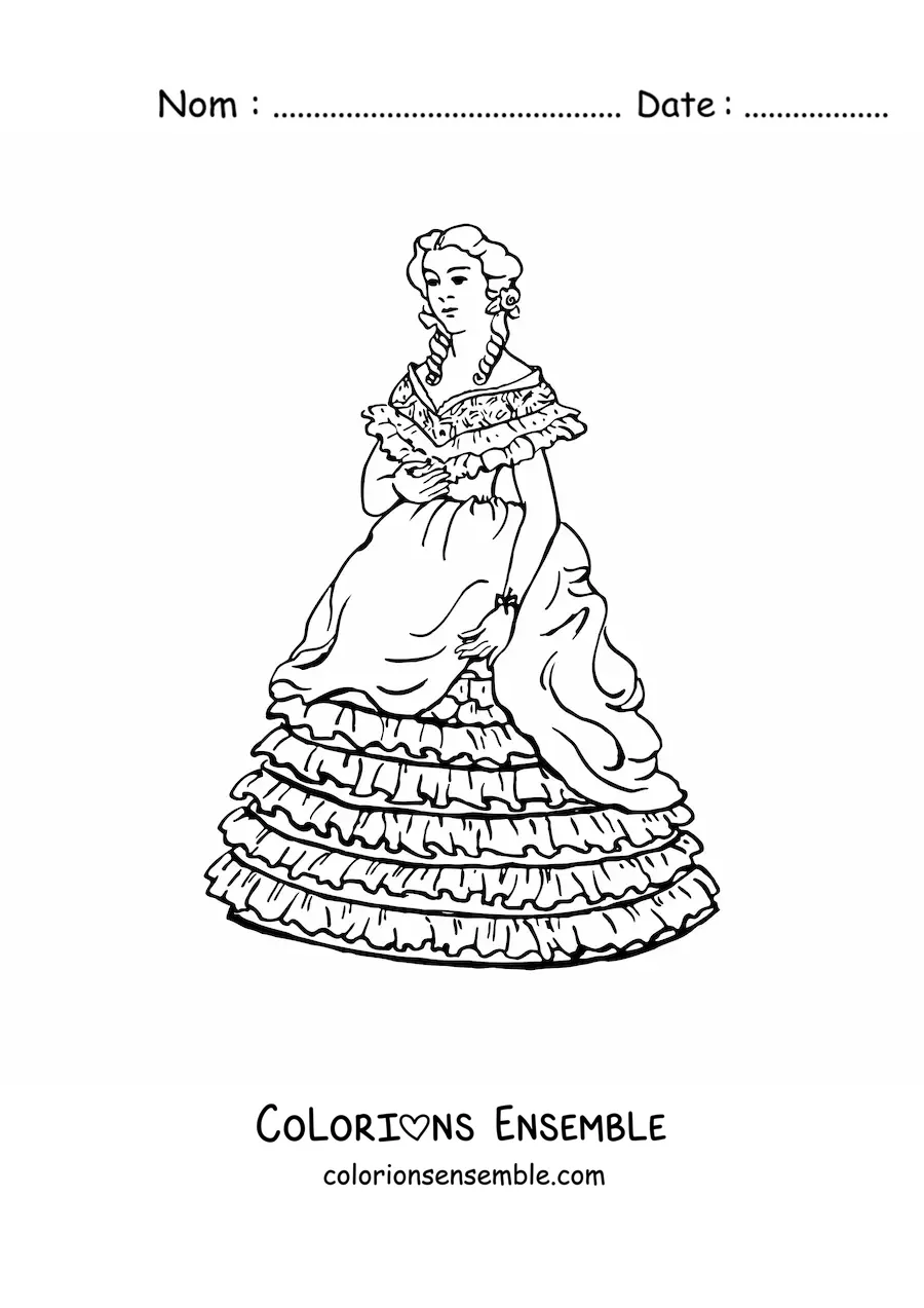 Image à colorier d'une femme portant une longue robe de style vintage