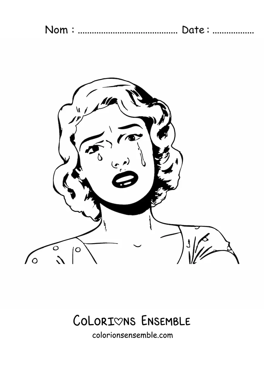 Image à colorier du visage d'une femme en pleurs, dessiné dans un style vintage