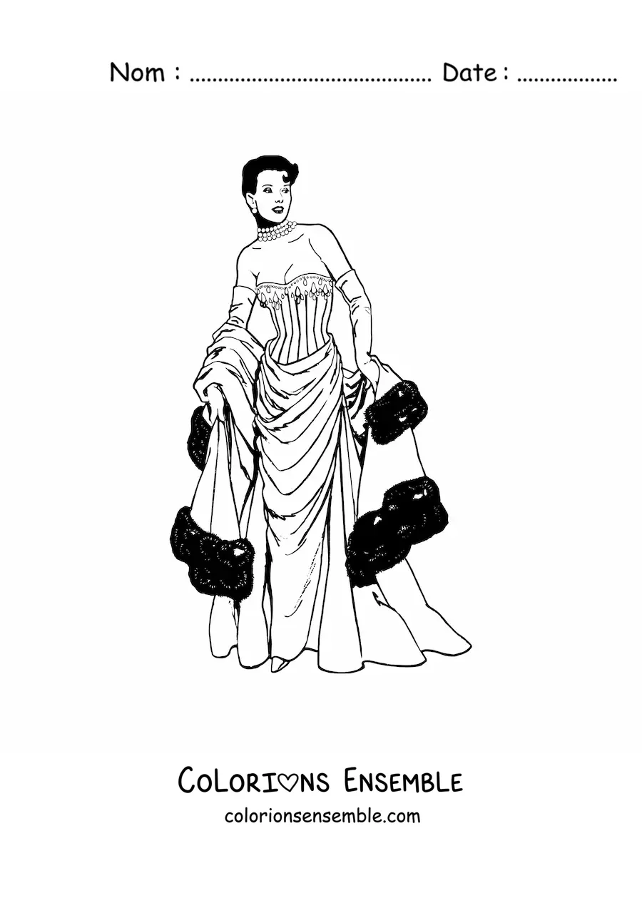 Image à colorier d'une dame habillée à la mode vintage