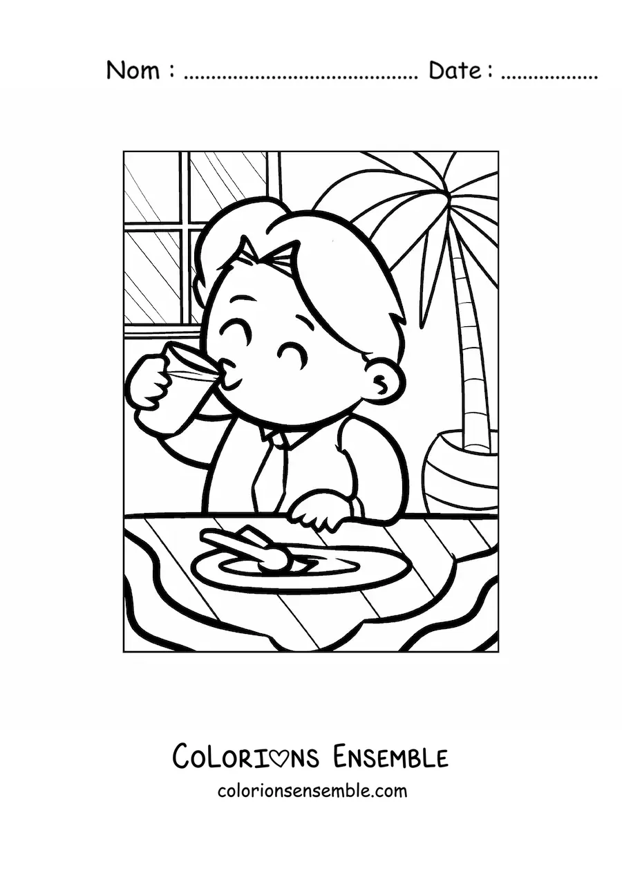 Image à colorier d'un homme en cravate qui mange joyeusement