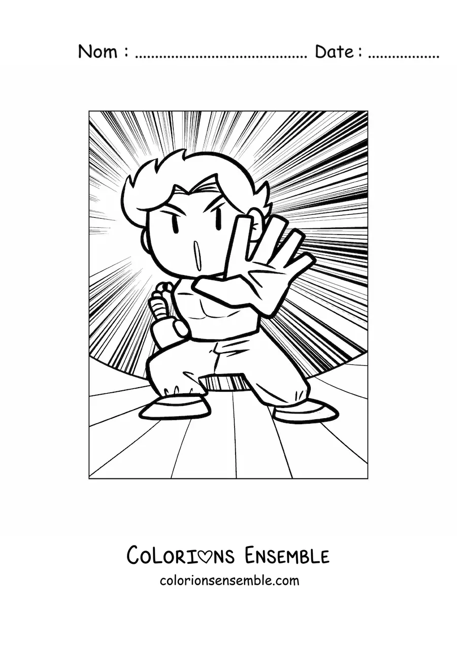 Image à colorier d'un karatéka de dessin animé qui donne un coup puissant