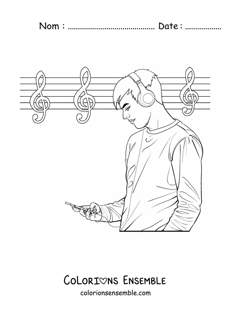 Image à colorier d'un jeune homme qui écoute de la musique avec un casque, sur un fond de portée musicale
