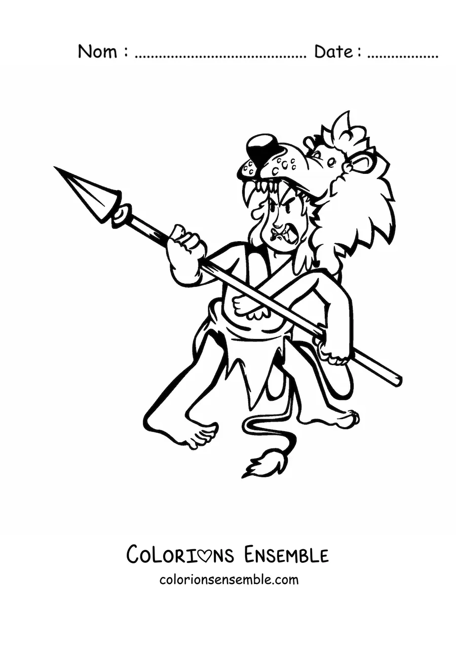 Image à colorier d'un homme en pagne et peau de lion qui brandit une lance d'un air furieux
