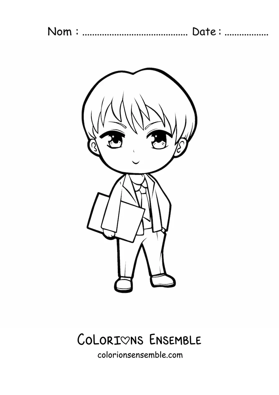 Image à colorier d'un homme en costume dans un style manga kawaii