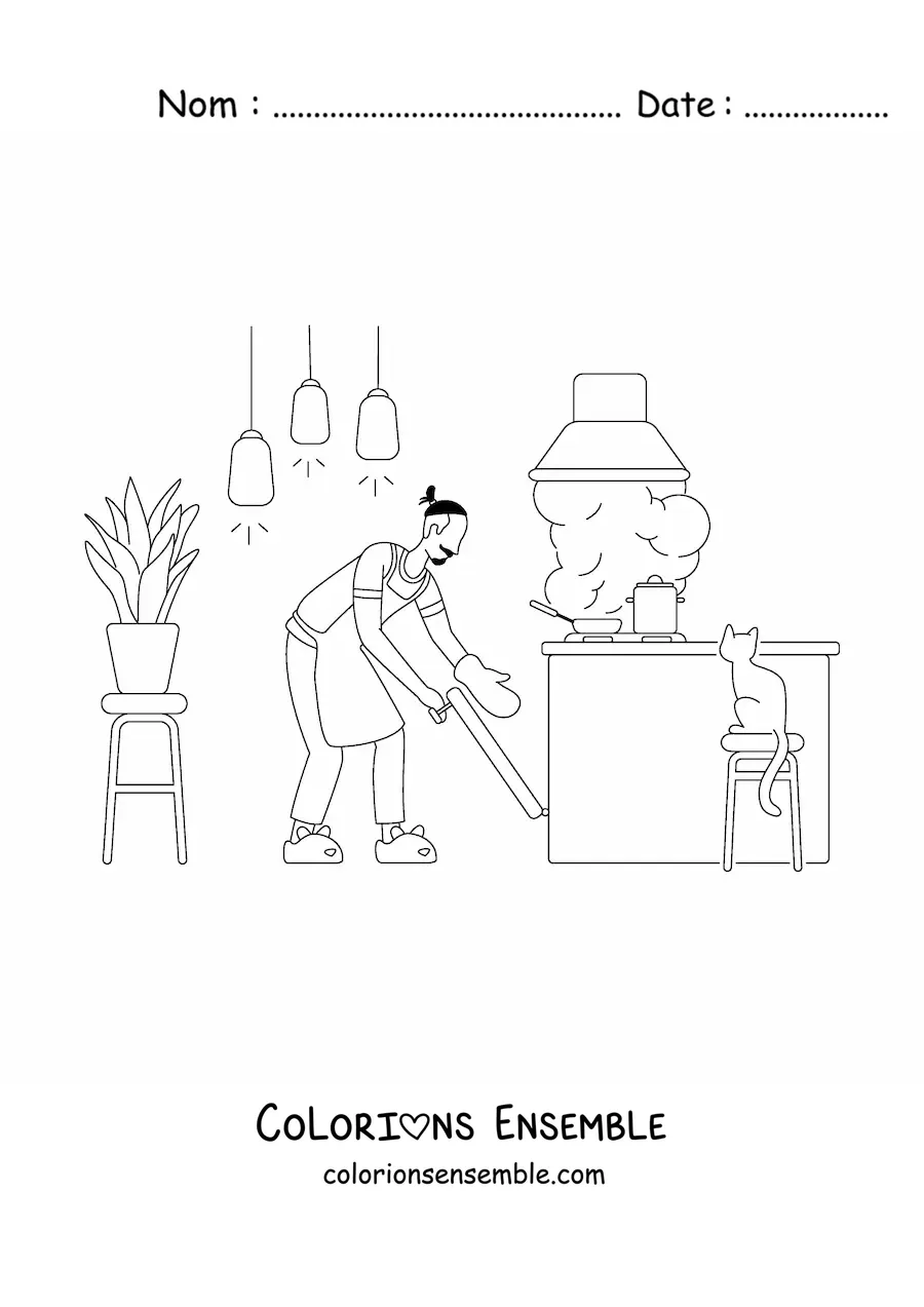 Image à colorier d'un homme qui fait le ménage dans un appartement
