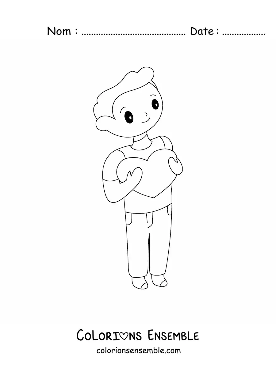 Image à colorier d'un jeune homme qui tient un cœur dans ses bras