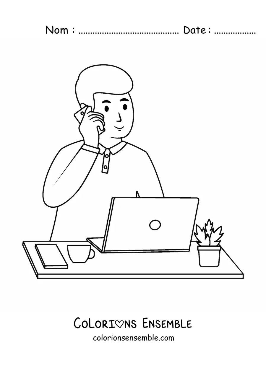 Image à colorier d'un jeune homme heureux qui travaille sur son ordinateur tout en parlant au téléphone