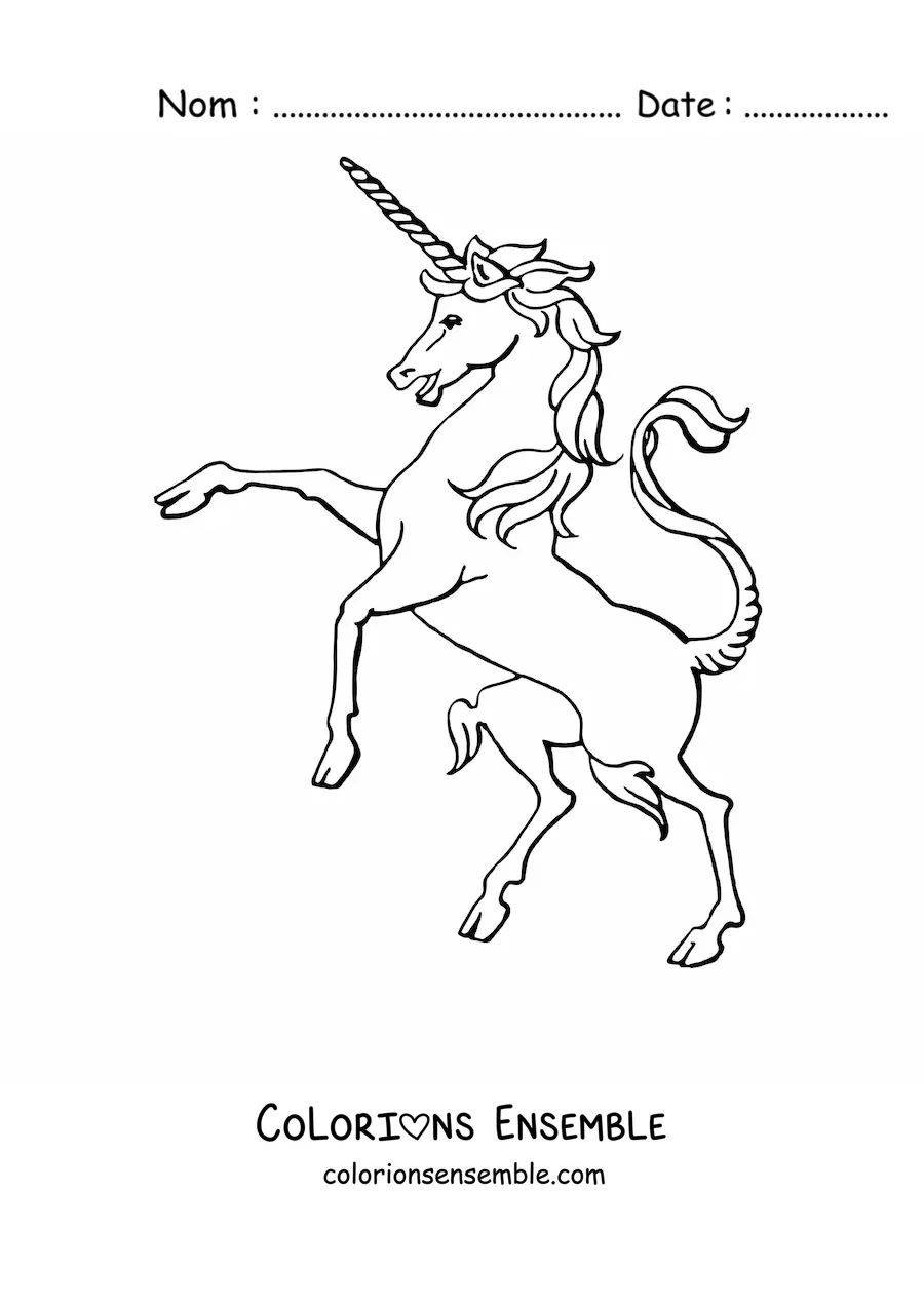 Image à colorier d’une licorne dressée sur deux pattes