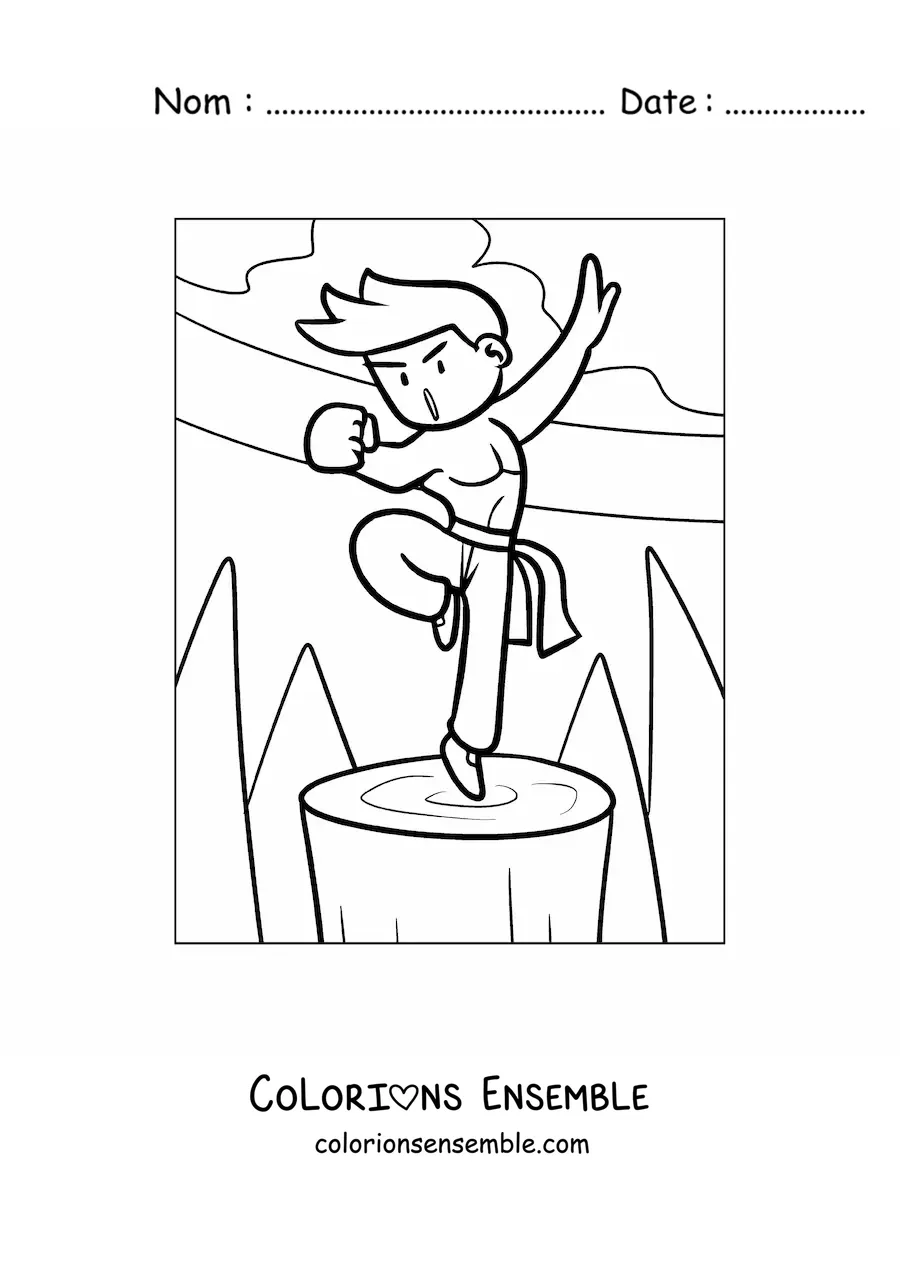 Image à colorier d'un jeune karatéka costaud à l'entraînement, dans un style de dessin animé