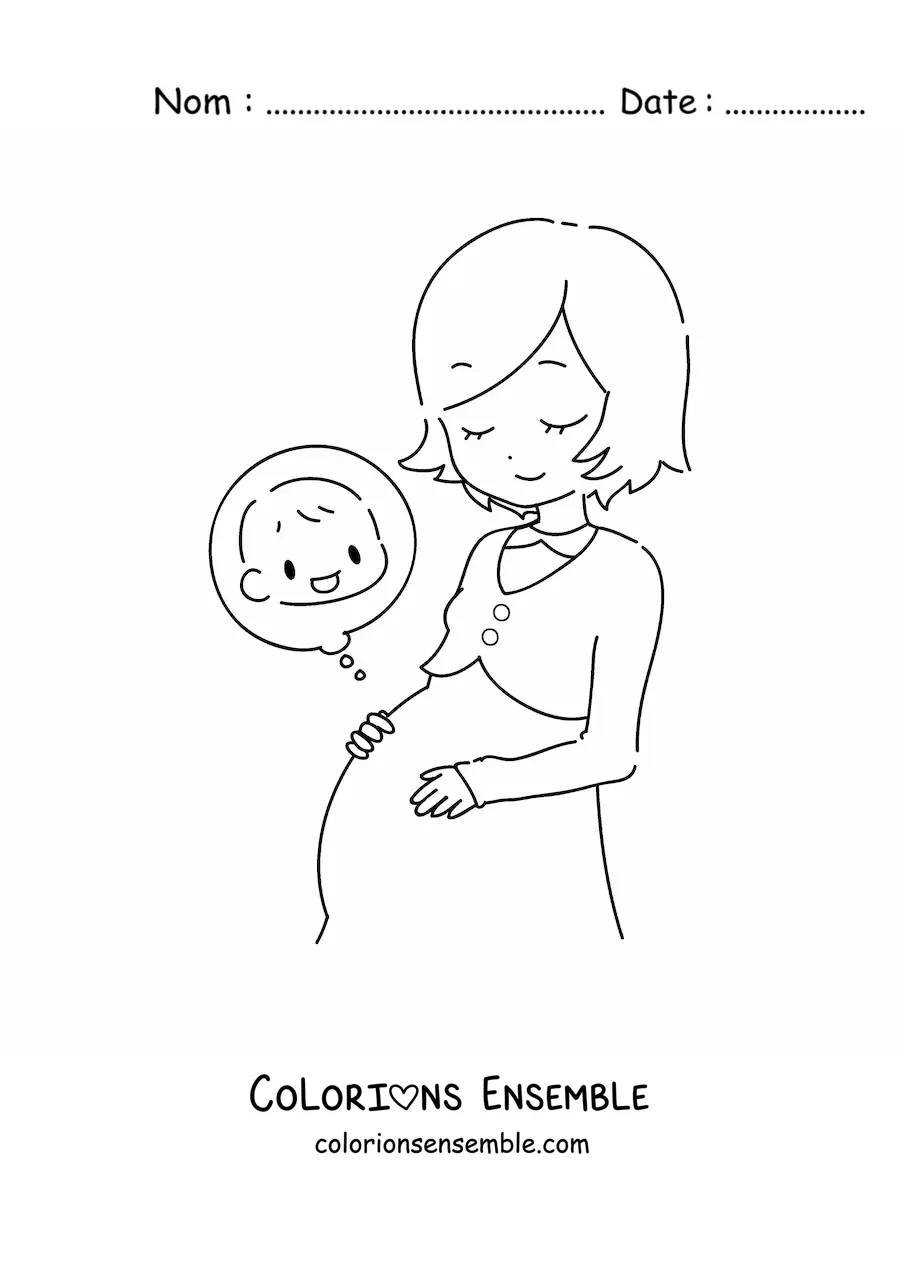 Image à colorier d'une jeune femme enceinte qui sent son bébé bouger dans son ventre
