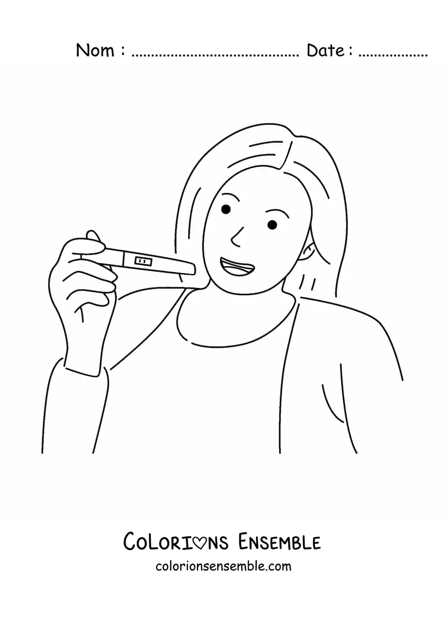 Image à colorier d'une femme heureuse qui tient un test de grossesse